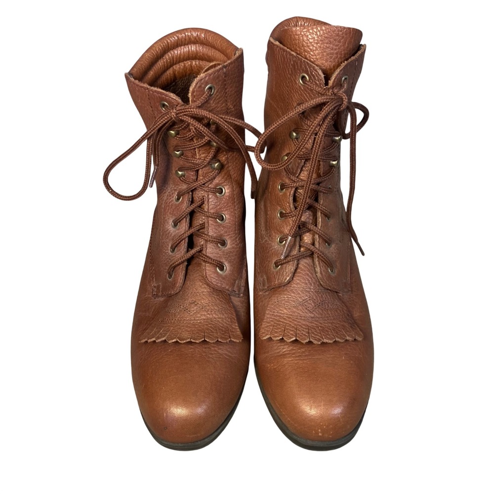 Acme Women 7.5 M Brown Leather Lace Up Roper Boots Kiltie Fringe Cowgirl Western